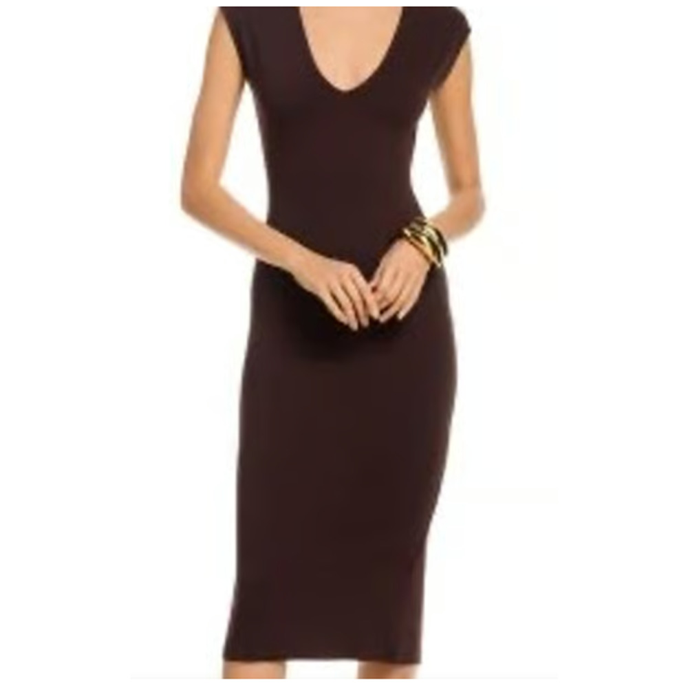 Anthropologie See you Monday Brown V-Neck Midi Bodycon Dress Size Large 2674